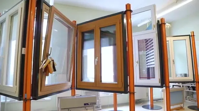 Schauraum mit Musterfenstern aus Holz, Holz-Alu und Kunststoff an Ständern
